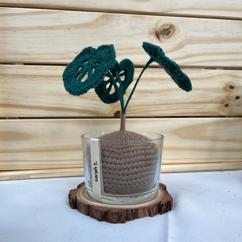 【かぎ針編み完成品】亀背里芋鉢植え ガラス鉢付 - 観葉植物 - ポリエステル グリーン
