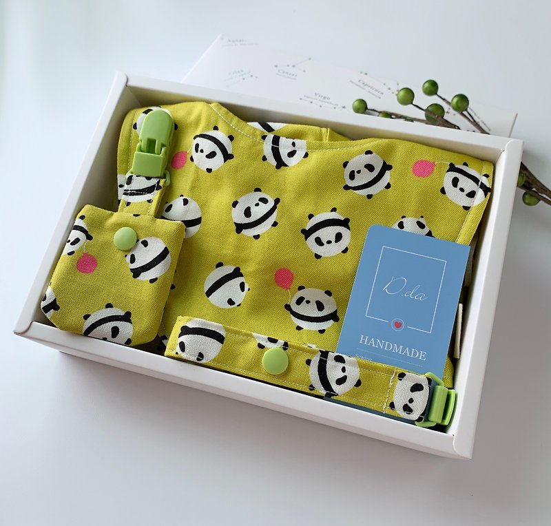 漂浮貓熊 寶貝彌月禮盒 遮陽帽 寶寶帽 圍兜 日本布料 - 彌月禮盒 - 棉．麻 綠色