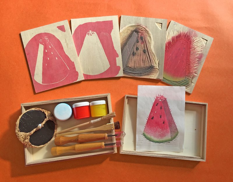 Rock Pen Mould Watermark Woodcut Tool Set Tropical Fruit Watermelon - งานไม้/ไม้ไผ่/ตัดกระดาษ - ไม้ สีส้ม