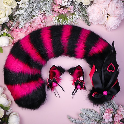 Catzo Club Hot Pink Cheshire Cat Ears and Tail Set Faux Fur Ears and Tail Set