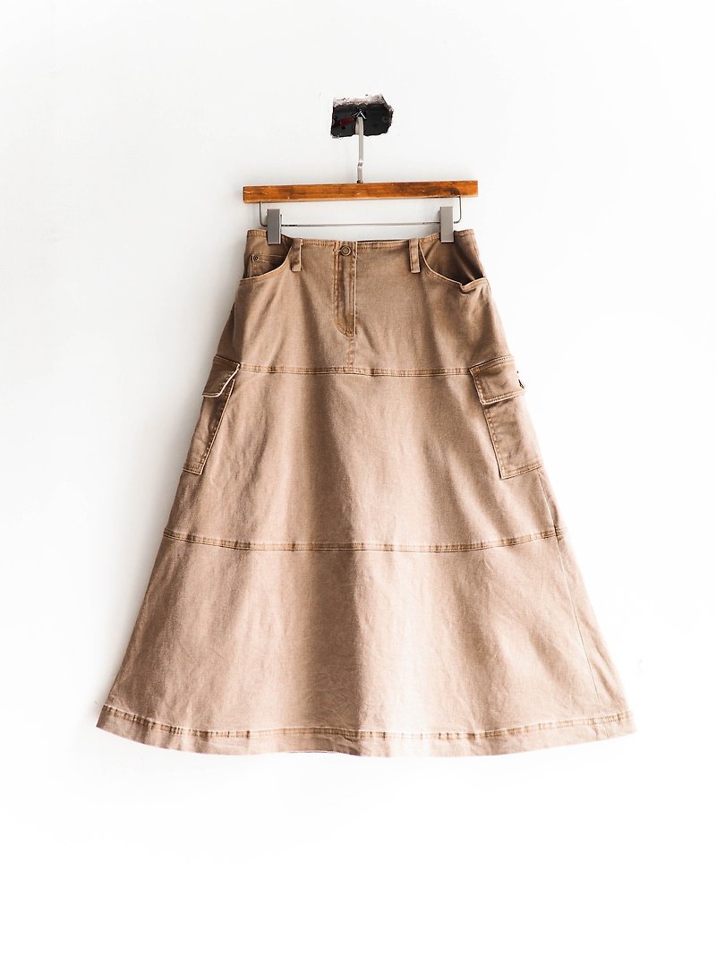 River Hill - Yuko khaki sleepwalking Park Letters cotton denim skirt wafer antique vintage Japanese college students oversize vintage dress denim - กระโปรง - ผ้าฝ้าย/ผ้าลินิน สีกากี
