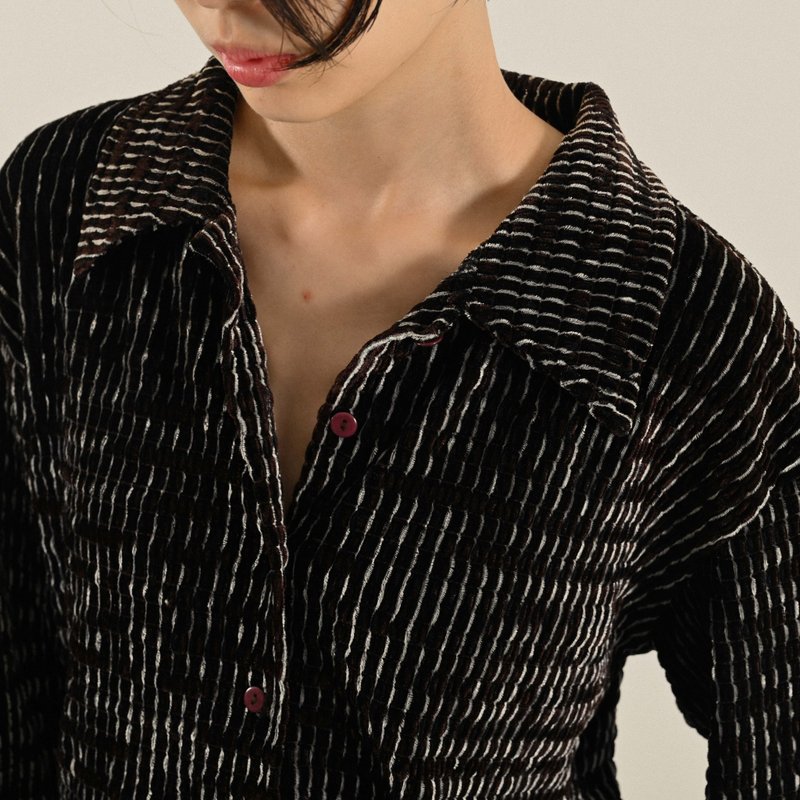 【NaSuBi Vintage】Mélange Yarn Velour Jacquard Vintage Shirt - เสื้อเชิ้ตผู้หญิง - ไฟเบอร์อื่นๆ 