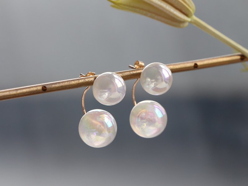14kgf-Aurora bubbles twin back pierced earrings/can change to clip-on - ピアス・イヤリング - 金属 ホワイト