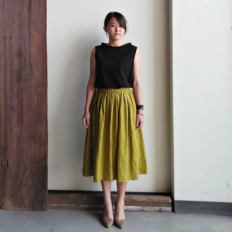Discount mid-length skirt linen yellow green - กระโปรง - ผ้าฝ้าย/ผ้าลินิน สีเหลือง