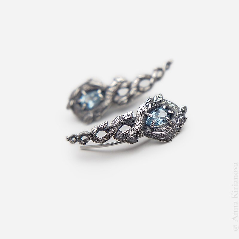 Dragon Ear Climbers with Blue Topazes - Earrings & Clip-ons - Sterling Silver Silver