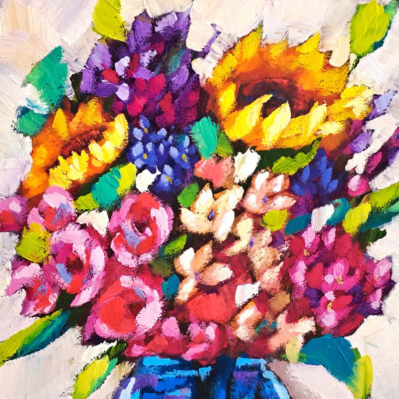 Sunflower Painting Rose Original Art Floral Oil Painting Flowers Small Wall Art - 海報/掛畫/掛布 - 其他材質 多色