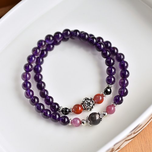 CaWaiiDaisy Handmade Jewelry 紫水晶+紅寶石+南紅瑪瑙+黑太陽石雙圈純銀手鍊