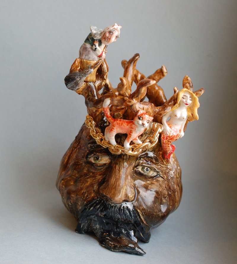 Ceramic art vase living face tree Decorative vase Fairy tale Ceramic sculpture - 花瓶/花器 - 瓷 多色