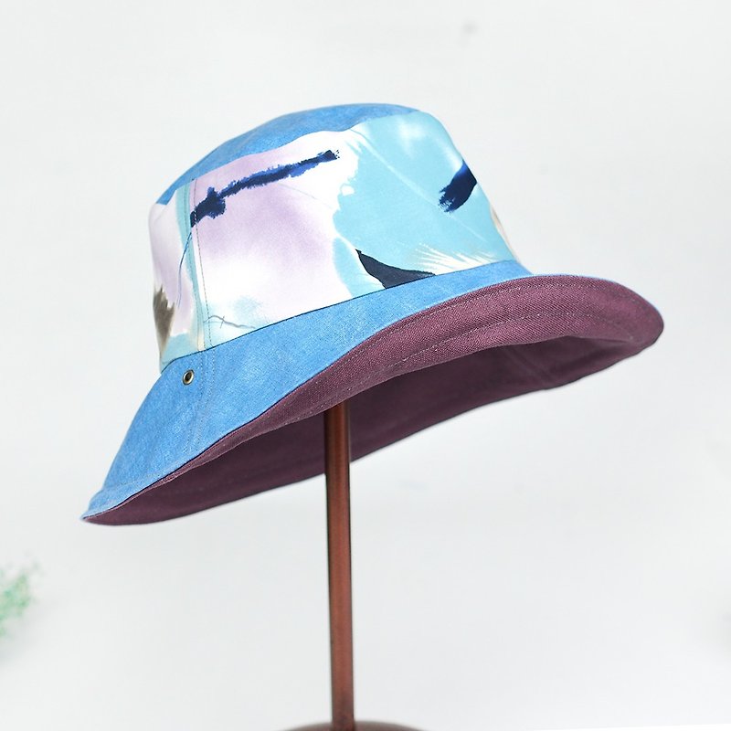 小牛村 手工雙面帽 漁夫帽 水墨【清澈紫藍系列】BF-42 - 帽子 - 棉．麻 藍色