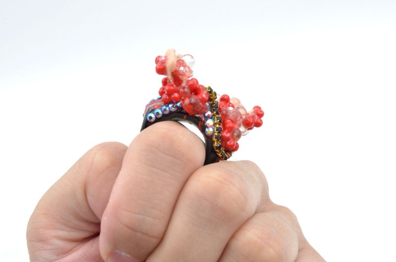 Flesh and flesh hand bath, transparent bead ring with flashing diamond, chain, crystal decoration, only one hand-made - General Rings - Other Materials 