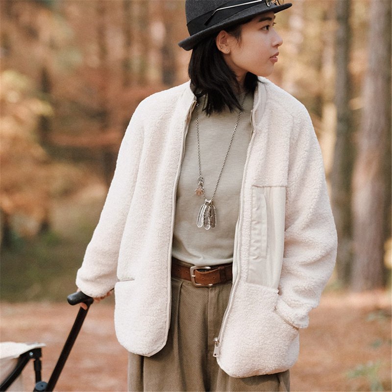 Off-white double-sided wearable stand-up collar imitation lamb wool patchwork thick coat outdoor casual workwear jacket - Women's Casual & Functional Jackets - Other Man-Made Fibers White