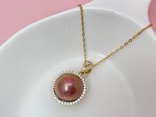 Athena珍珠設計 紫珠吊墜 天然淡水珍珠 滿鑲鋯石 贈項鏈