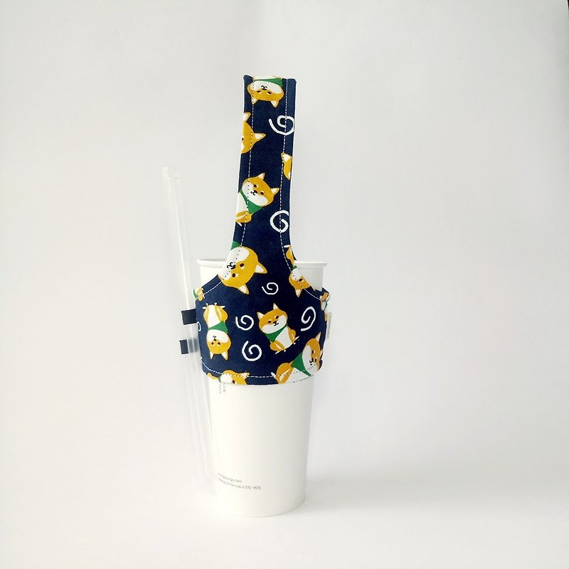 【柴柴樂園-藍】飲料杯套 環保杯套 - 杯袋/飲料提袋 - 棉．麻 藍色
