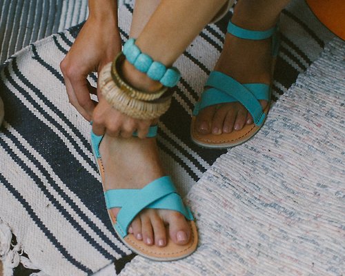 Crupon Summer Leather Sandals, Turquoise Sandals, Women Sandals, Summer Shoes
