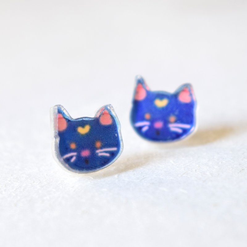 Blue Cat Studs - Kitty Earrings - Little Earrings - Cute Earrings - ต่างหู - อะคริลิค หลากหลายสี