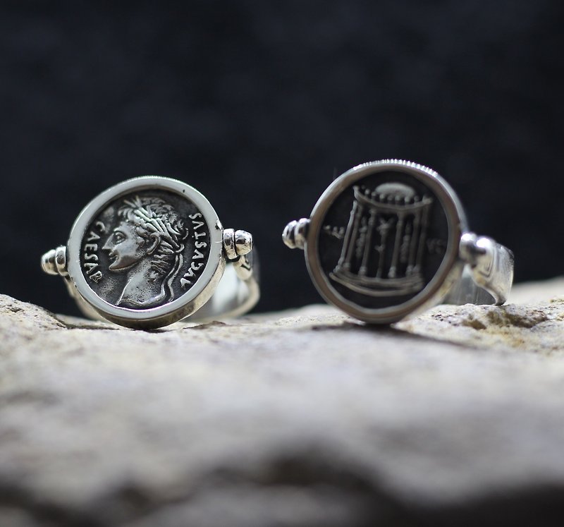 Caesar Augustus and temple of Mars Antique coin ring Any size - แหวนทั่วไป - เงินแท้ สีเงิน