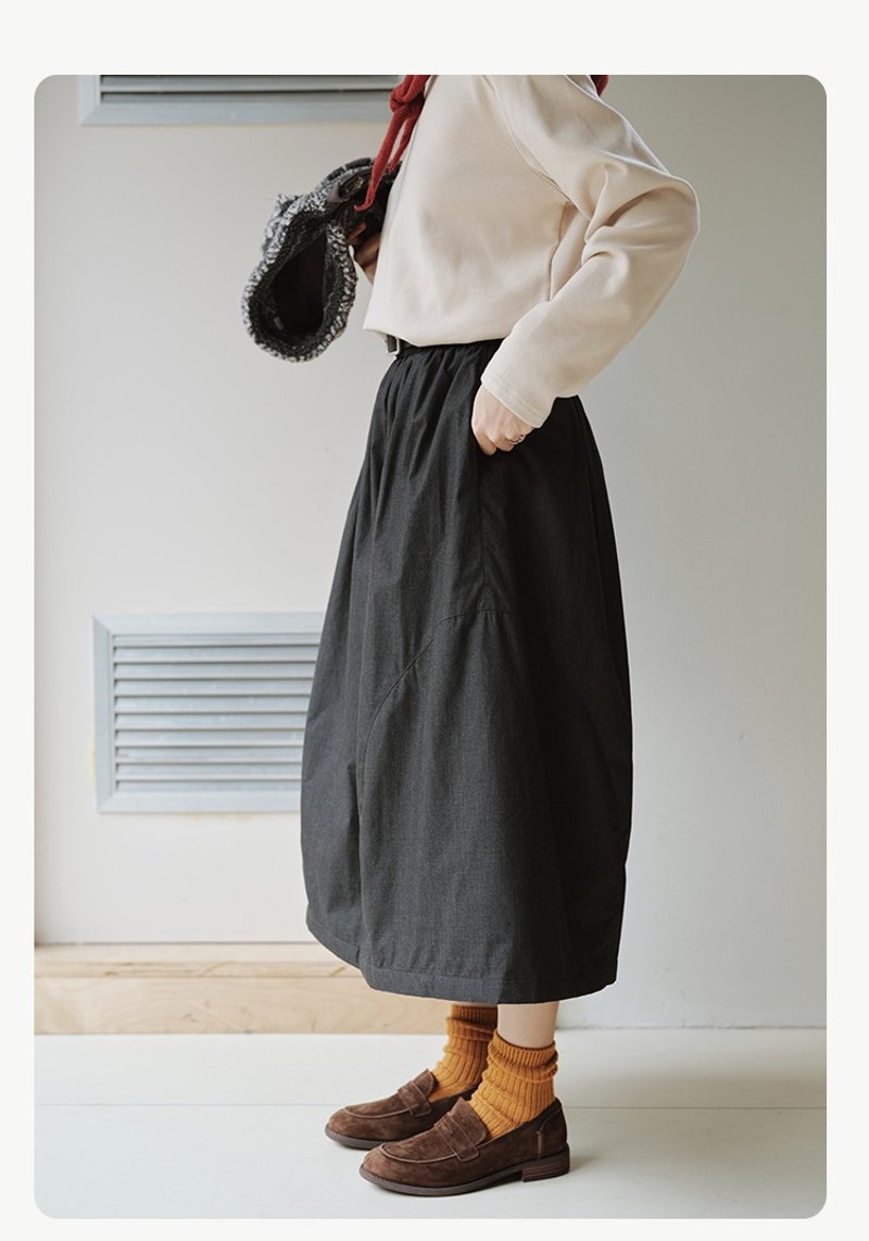 Women's winter dark grey quilted skirt with elastic waist - Skirts - Cotton & Hemp Black