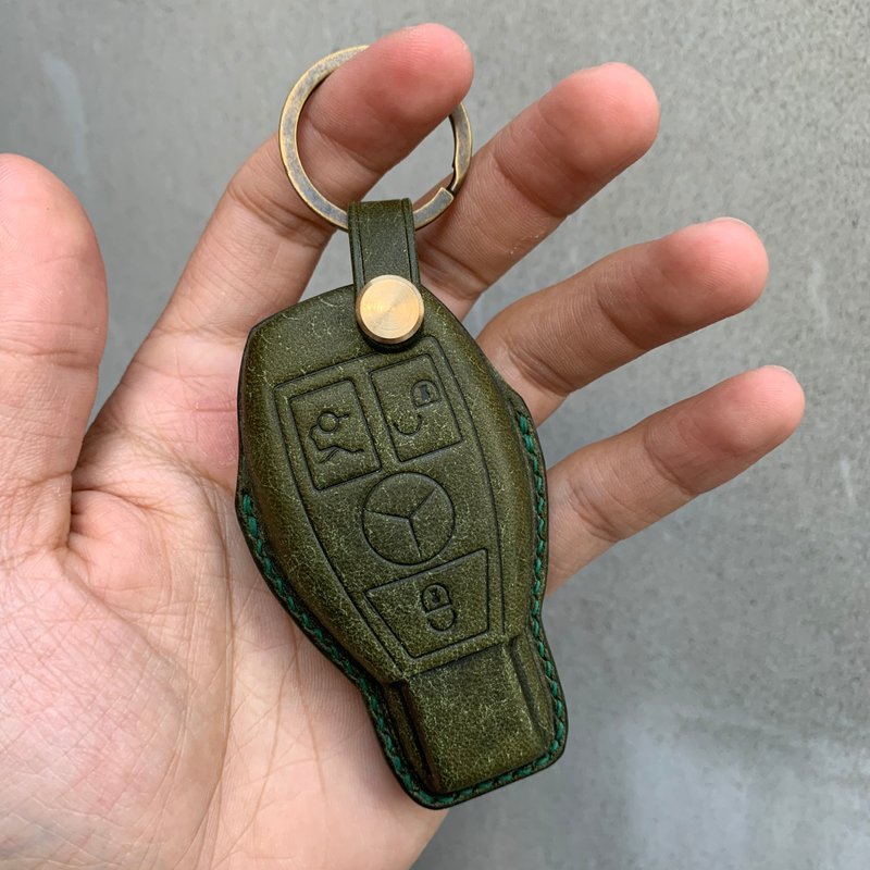 Benz 賓士 短版磨砂油蠟 汽車鑰匙皮套 A200 G350 G500 CLA A300 - 鑰匙圈/鑰匙包 - 真皮 藍色