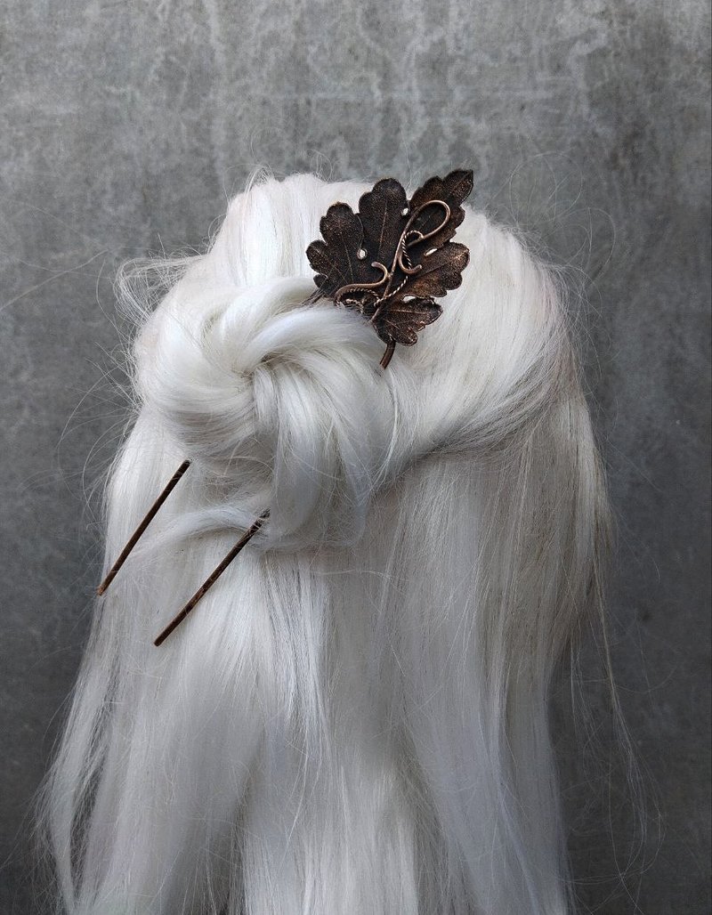 Handmade Copper Hair Fork, Electroformed Chrysanthemum Leaf Hair Accessory - 髮夾/髮圈 - 銅/黃銅 