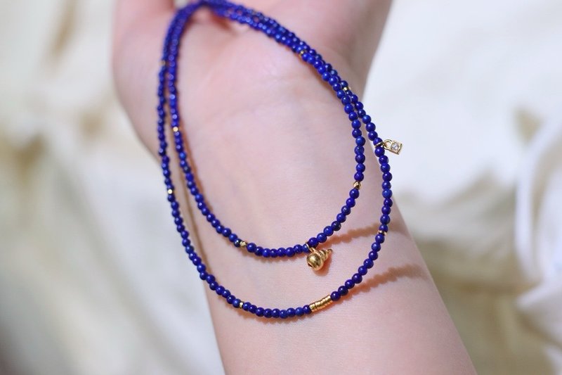 天然青金石項鏈鎖骨鏈雙層設計搭配925銀葫蘆吊墜 平安喜樂 緩壓 - 項鍊 - 玉石 