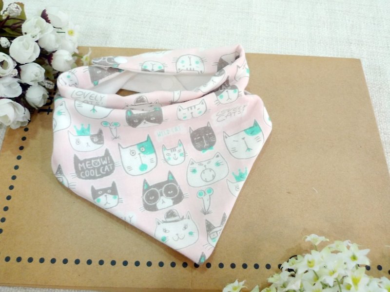 Triangle saliva towel/bib-square cat (pink) - Bibs - Cotton & Hemp Pink