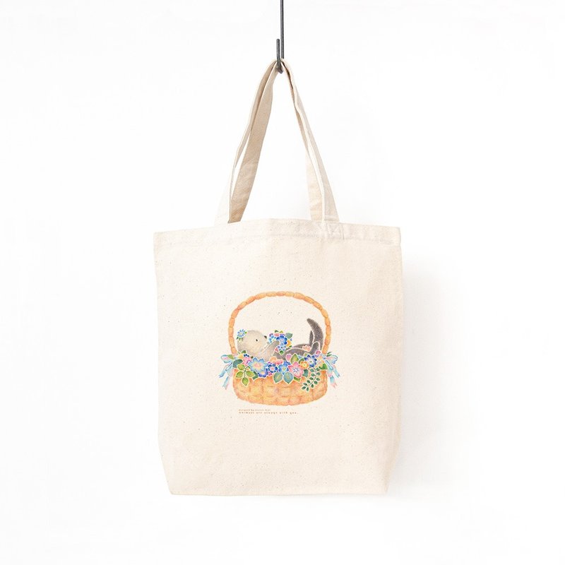 Let's take a walk together. Can store A4 size. Tote bag Pota the sea otter in the flower basket TB-543 - Handbags & Totes - Cotton & Hemp Khaki