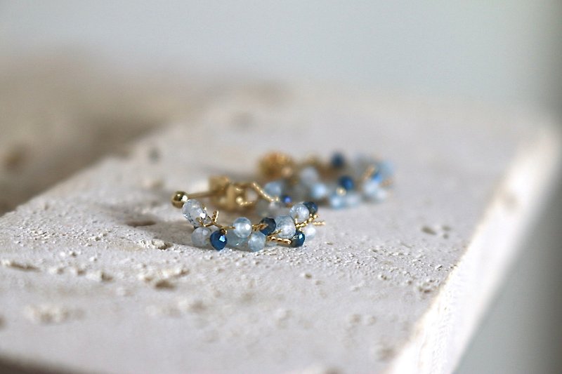 Earrings March birthstone aquamarine hoop natural stone - puzzle blocks - - ต่างหู - เครื่องเพชรพลอย สีน้ำเงิน
