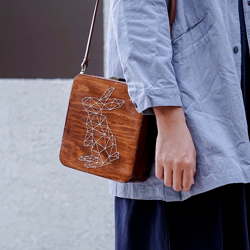 Original personality design female new embroidered wood wooden bag white rabbit messenger shoulder bag Vatican collection - Messenger Bags & Sling Bags - Wood Brown