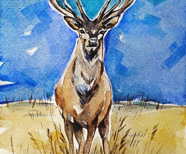 鹿の絵 オリジナルアート 野生動物のアートワーク 水彩画 鹿のウォール 