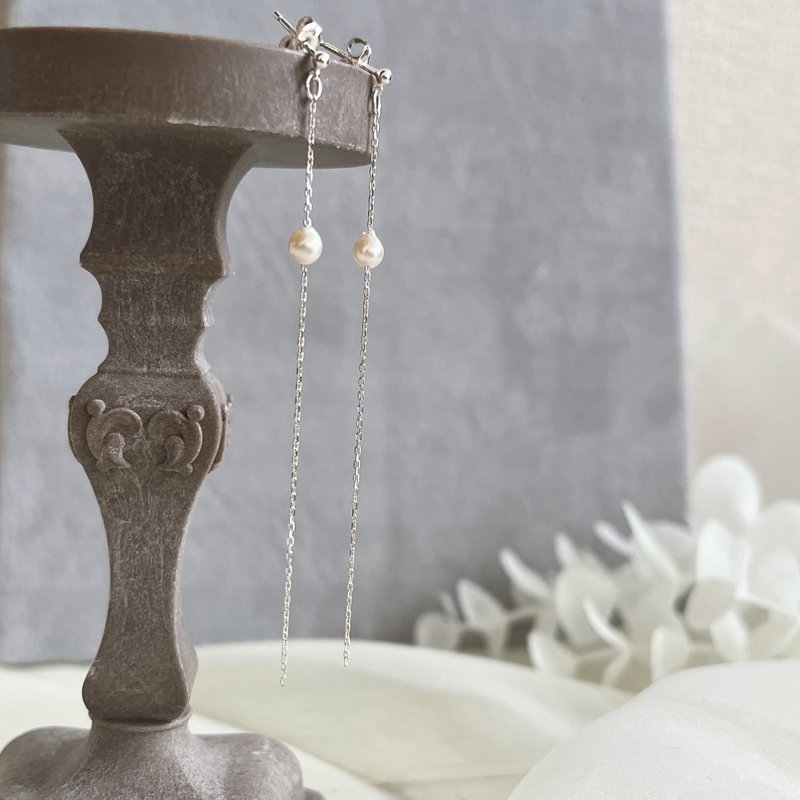 Baby Akoya pearl extra-thin chain silver925 earrings - ต่างหู - ไข่มุก 