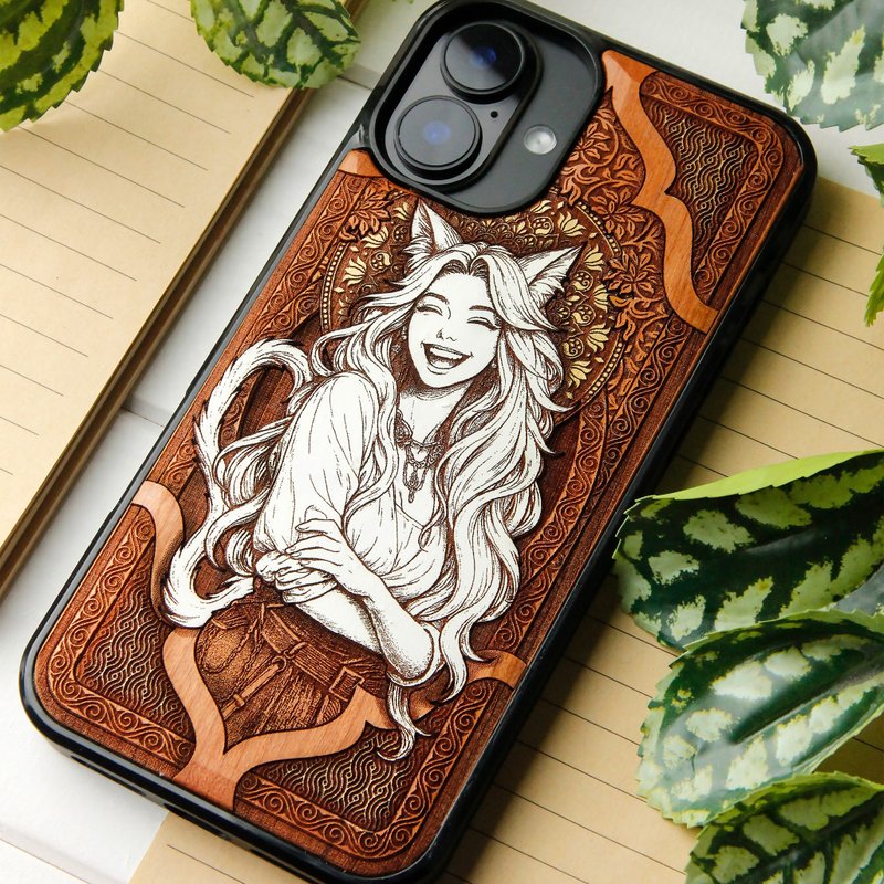 Inari Goddess of Fertility -  Phone case wood laser engraved + hand painting - 手機殼/手機套 - 木頭 咖啡色