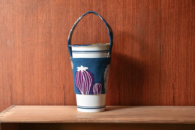 Cactus-Eco-friendly beverage bag - ถุงใส่กระติกนำ้ - ผ้าฝ้าย/ผ้าลินิน สีน้ำเงิน