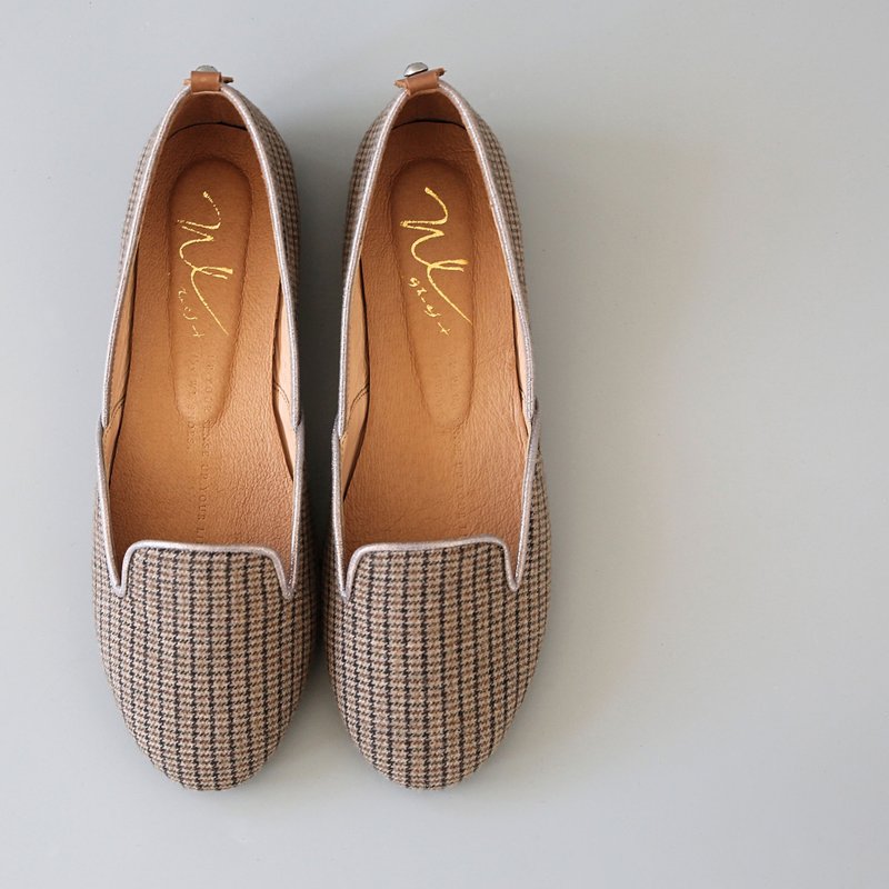 Grid Flats (flat bottom) British style | WL - รองเท้าบัลเลต์ - ผ้าฝ้าย/ผ้าลินิน สีกากี