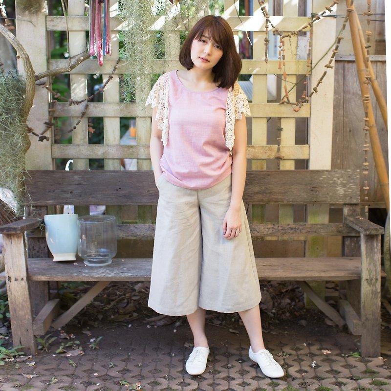 Cropped Linen Culottes Natural Color - 女長褲 - 棉．麻 灰色