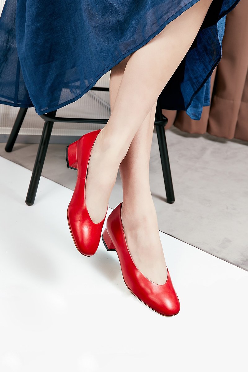 HTHREE 3.4圓頭跟鞋 / 胭脂紅 /  Round Toe Heels - 女皮鞋 - 真皮 紅色