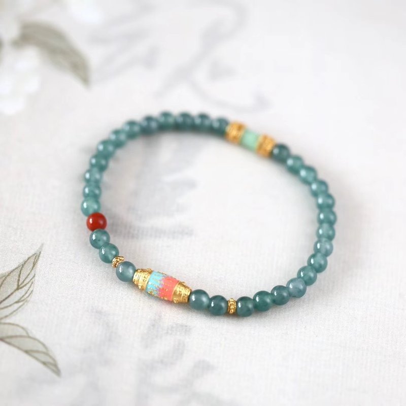 Natural blue water jade bracelet with Silver Dzi beads engraved with five scriptures, Silver inlaid jade barrel beads, light luxury gift - สร้อยข้อมือ - หยก 