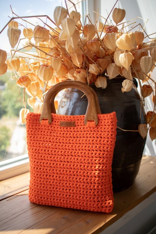 Bright orange bag with original handles. Shop Trendy Knits Handbags Totes Pinkoi