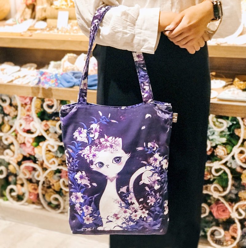帆布袋 | 側背包 | 拉鍊款 - 百合花 •甜美小女王貓 - 手提包/手提袋 - 棉．麻 紫色