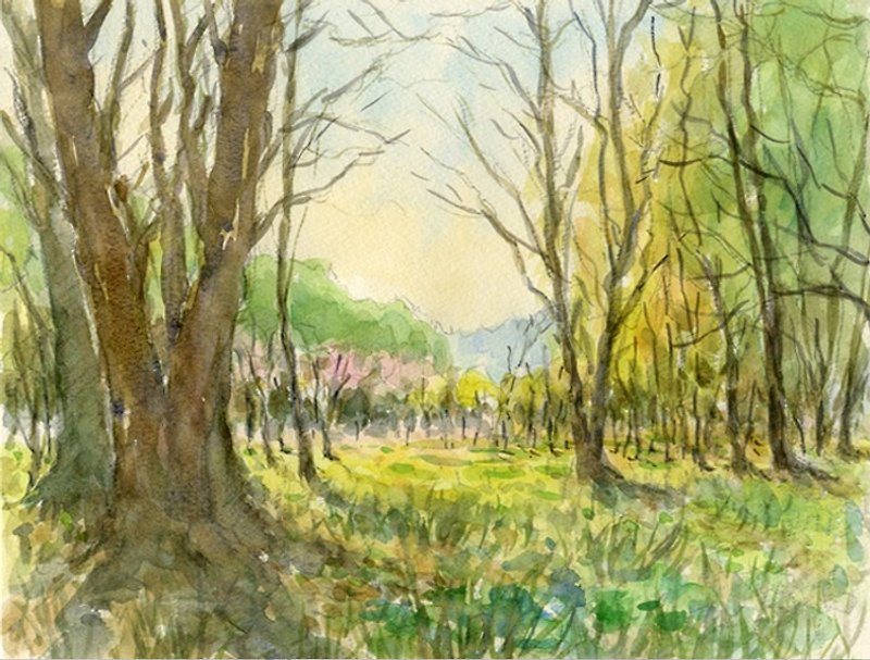 Original watercolor painting Wetland forest, Azumino - โปสเตอร์ - กระดาษ สีเขียว