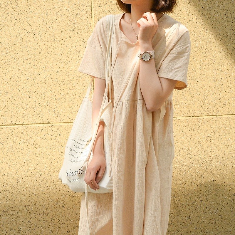 Beige dress | dress | linen/cotton blended fabric | independent brand | Sora - ชุดเดรส - ผ้าฝ้าย/ผ้าลินิน สีส้ม