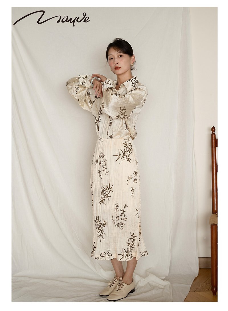 Mauve Studio new Chinese style textured bamboo leaf print long-sleeved shirt skirt commuter suit - ชุดเดรส - เส้นใยสังเคราะห์ 