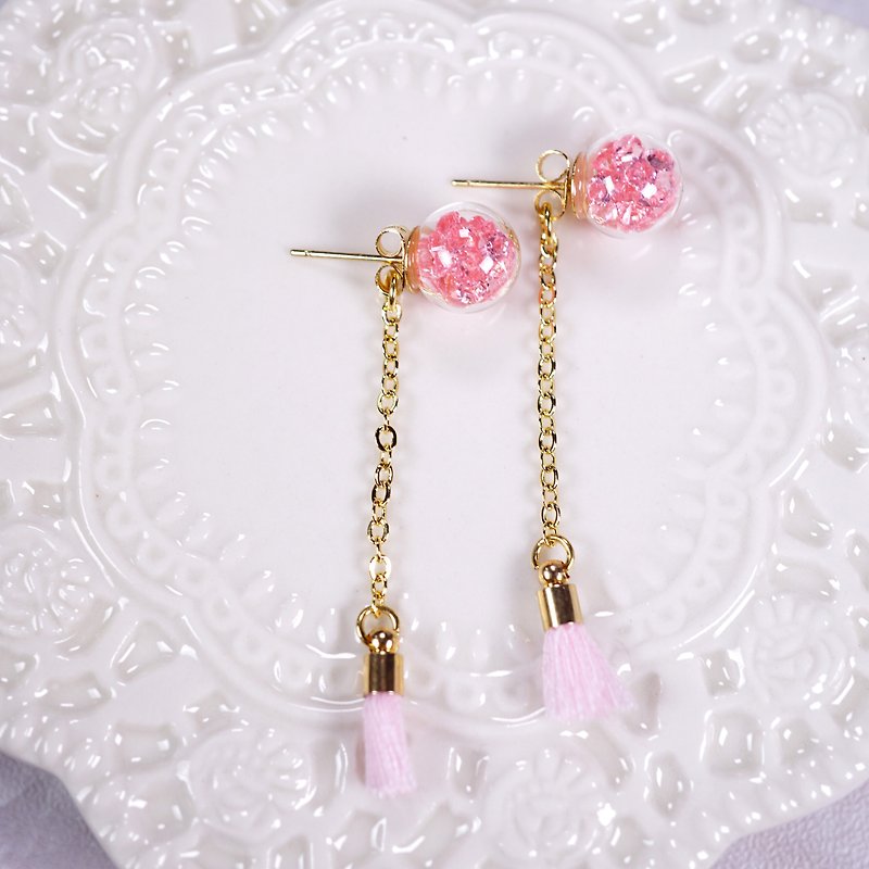 A Handmade pink crystal ball earrings with tassels - Earrings & Clip-ons - Glass Pink