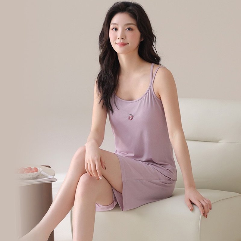 Pink Lady 罩杯式 細肩帶成套女睡衣 繡趣夏語 涼感螺紋布 居家服 - 睡衣/居家服 - 其他人造纖維 紫色