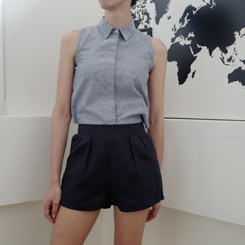 Collar Crop Top (Slate) - 女上衣/長袖上衣 - 棉．麻 灰色