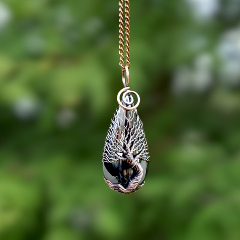 Hematite Tree Of Life Wire Wrapped Pendant, Copper Anniversary Gift for him/ her - 項鍊 - 其他金屬 銀色