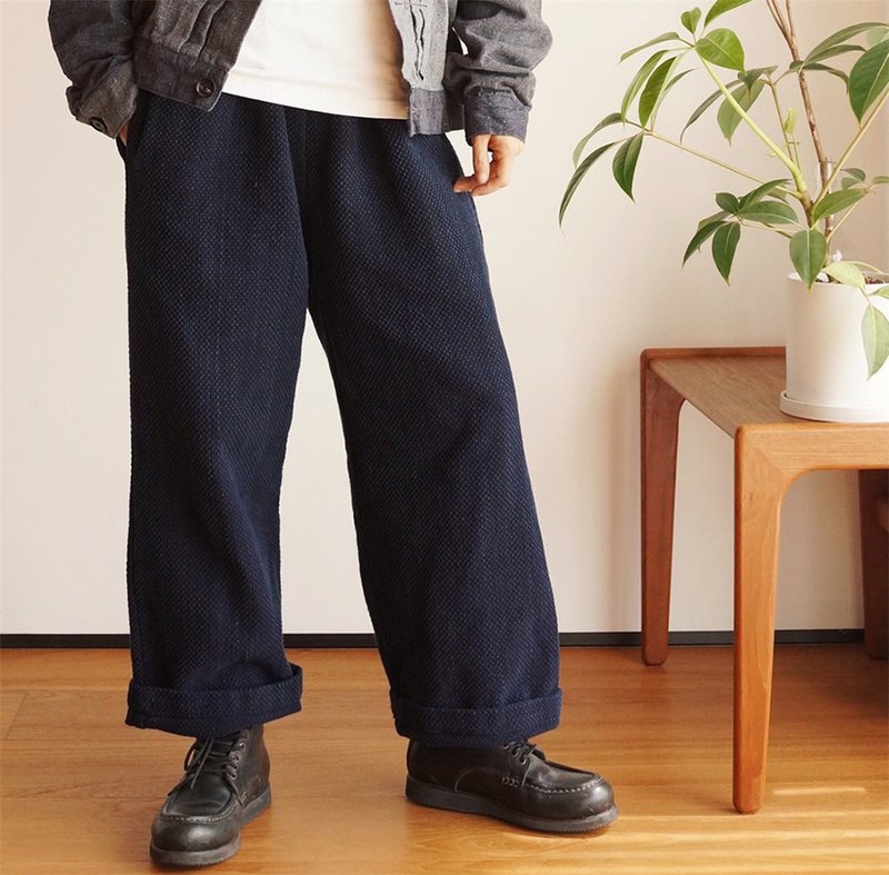 indigo plant blue indigo dye heavy export kendo clothing fabric winter casual straight-leg pants - กางเกงขายาว - ผ้าฝ้าย/ผ้าลินิน สีน้ำเงิน