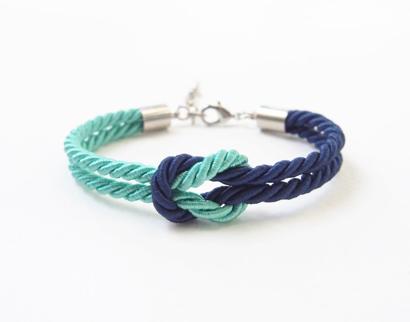 Navy blue and mint knot bracelet - สร้อยข้อมือ - วัสดุอื่นๆ สีเขียว