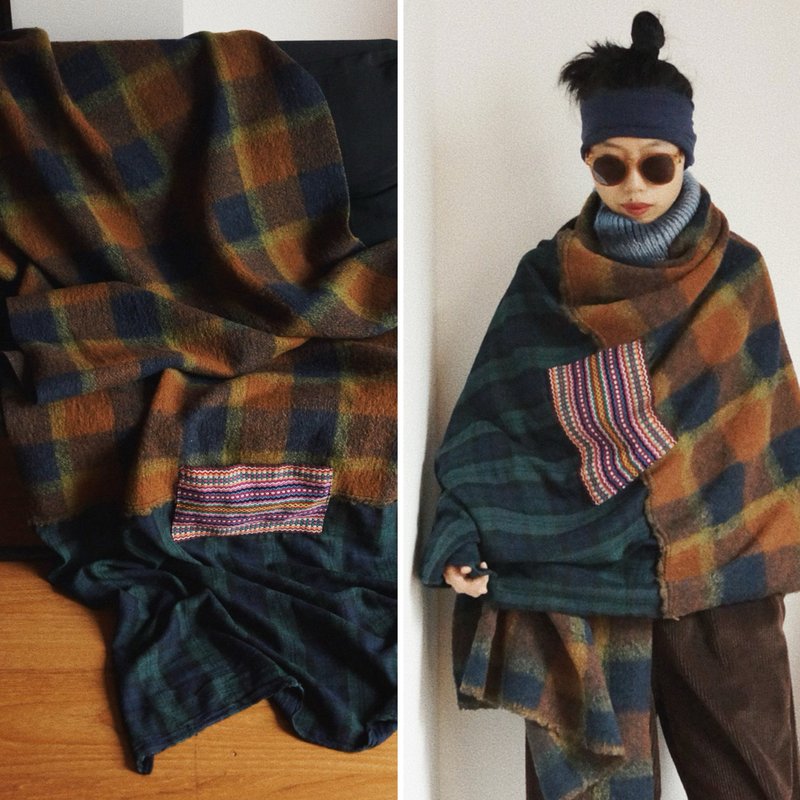 Italian blue and Brown checkered fluffy soft waxy wool green checkered colorful pocket patchwork shawl scarf - Knit Scarves & Wraps - Wool Blue