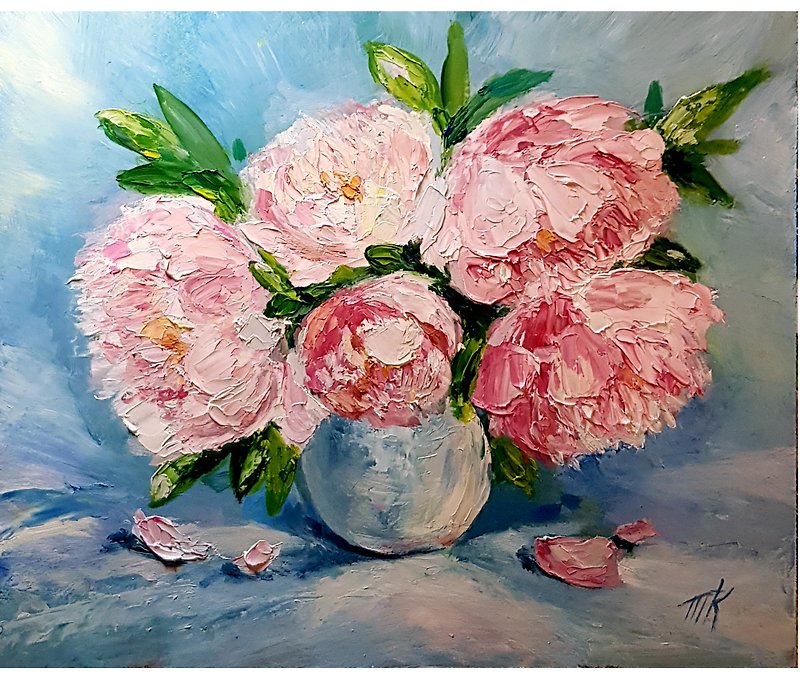 Peonies Oil Painting Original Art Floral Wall Art Impasto Peony 30 cm by 25.5 cm - Wall Décor - Other Materials Pink