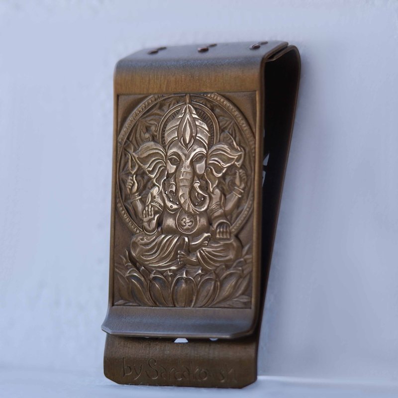 Money Clip Ganesha Handmade Piece Unique Hand Engraving Skeleton Handcrafted - Other - Other Materials Yellow